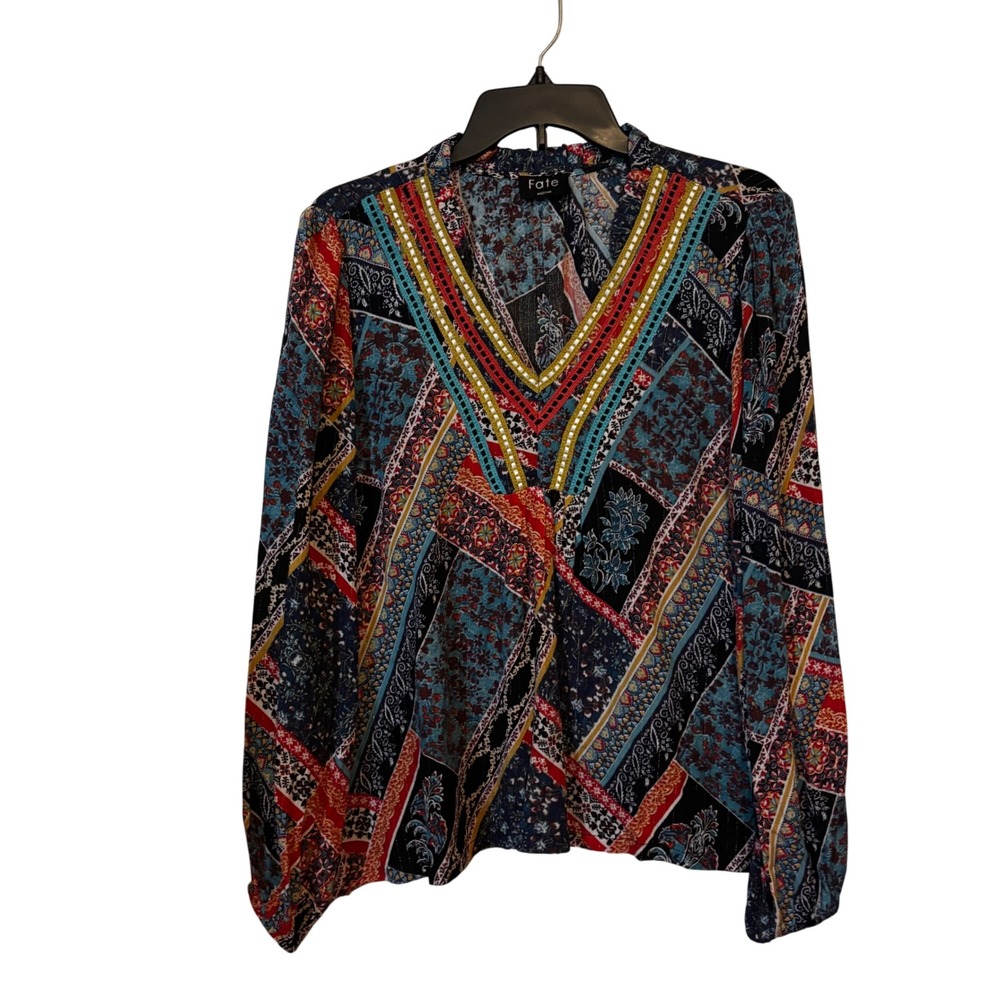 Fate Women's V-Neck Blouse Medium Boho Patchwork Pattern Long Sleeve